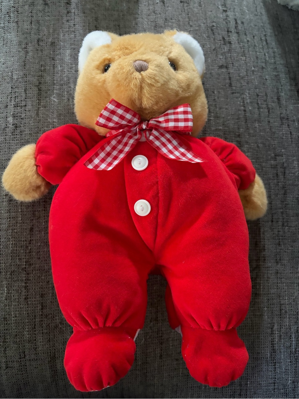 Vintage Eden Red Plush Bear Checkered Bow Tie 3-Button Front Soft 13” Plush